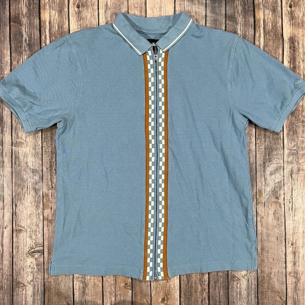 Stussy Full Zip Polo Short Sleeve Shirt Medium Mens Blue Skate Cotton